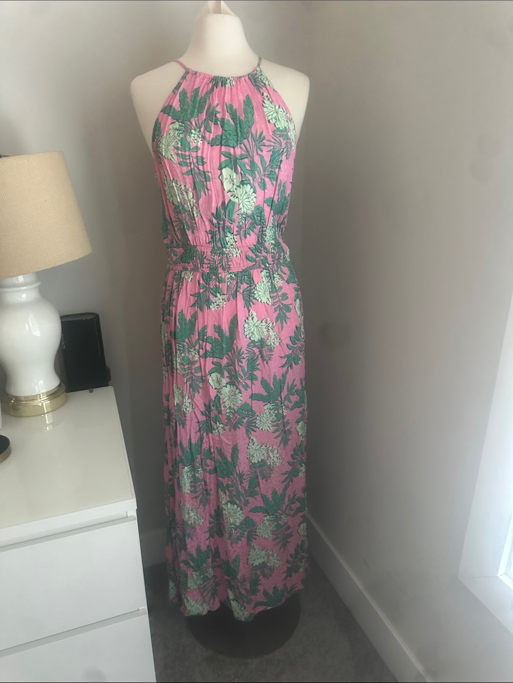 LOFT Pink Tropical Halter Maxi Dress